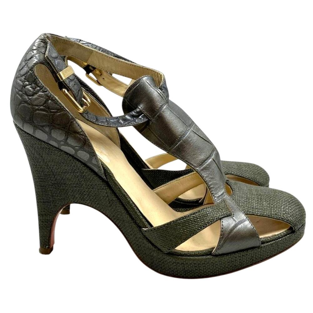 Versace Croc Embossed Leather & Raffia Ankle T Strap Olive green sandals Size 38